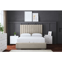 (Single, Cream) Evangeline Panel Upholstered Bed with Ottoman