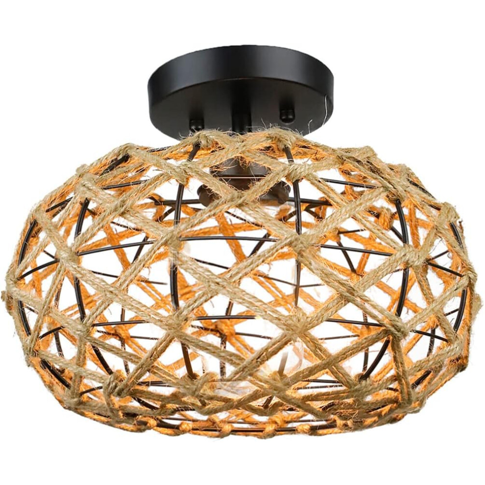 Luminaire Plafonnier Tressé En Corde De Chanvre E27 Plafonnier Rétro Plafonnier En Métal Lampe De Plafond D'Intérieur