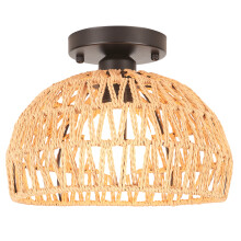 Retro Ceiling Light E27 Braided Hemp Rope Ceiling Lamp, Round Metal Cage Lampshade Ø25CM, Indoor Ceiling Lamp (Black)