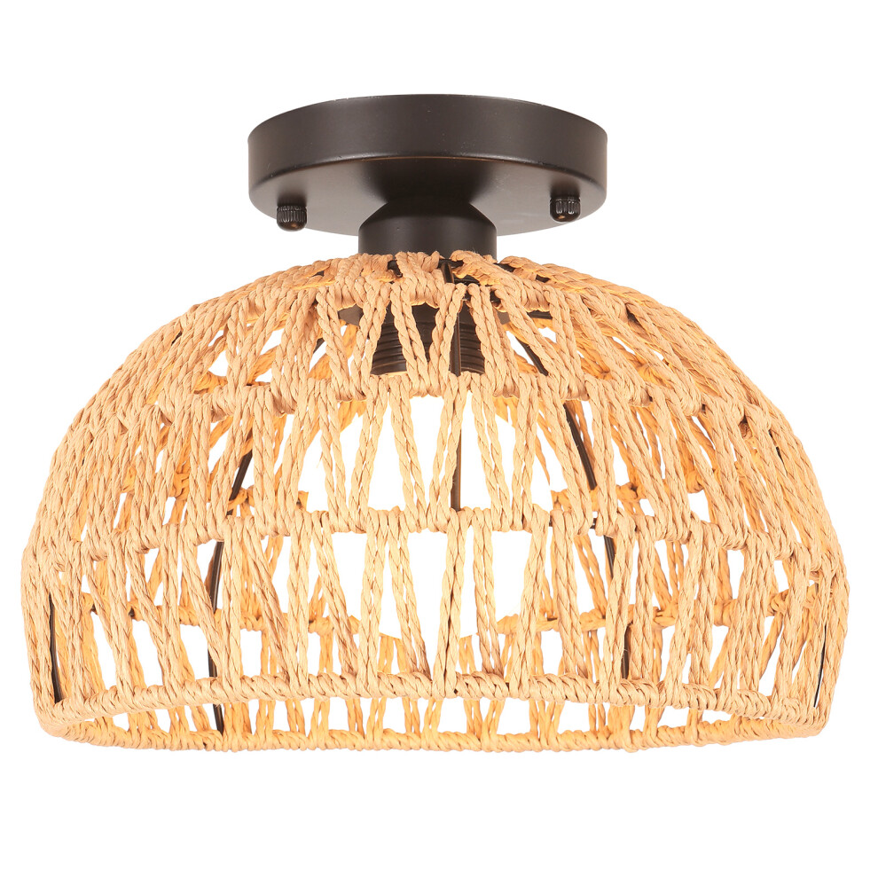 Plafonnier Rétro E27 Luminaire Plafonnier En Corde De Chanvre Tressée, Abat-Jour Cage Rond En Métal Ø25CM, Lampe De Plafond D'Intérieur (Noir)