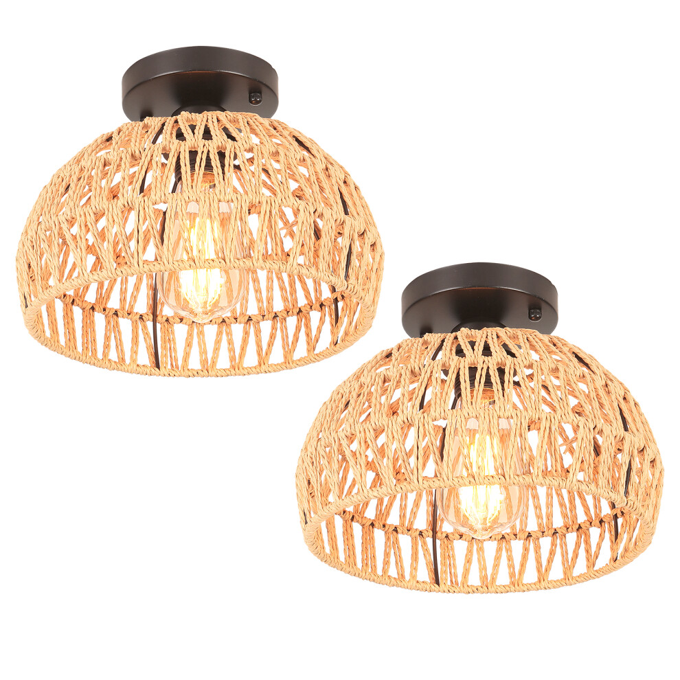 2X Plafonnier Rétro E27 Luminaire Plafonnier En Corde De Chanvre Tressée, Abat-Jour Cage Rond En Métal Ø25CM, Lampe De Plafond D'Intérieur (Noir)