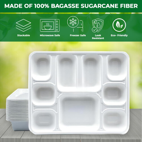 ECONX 9 Compartment Bagasse Rectangular Plate Heavy Duty Super Strong Eco-Friendly Disposable Bagasse Plates Biodegradable 1