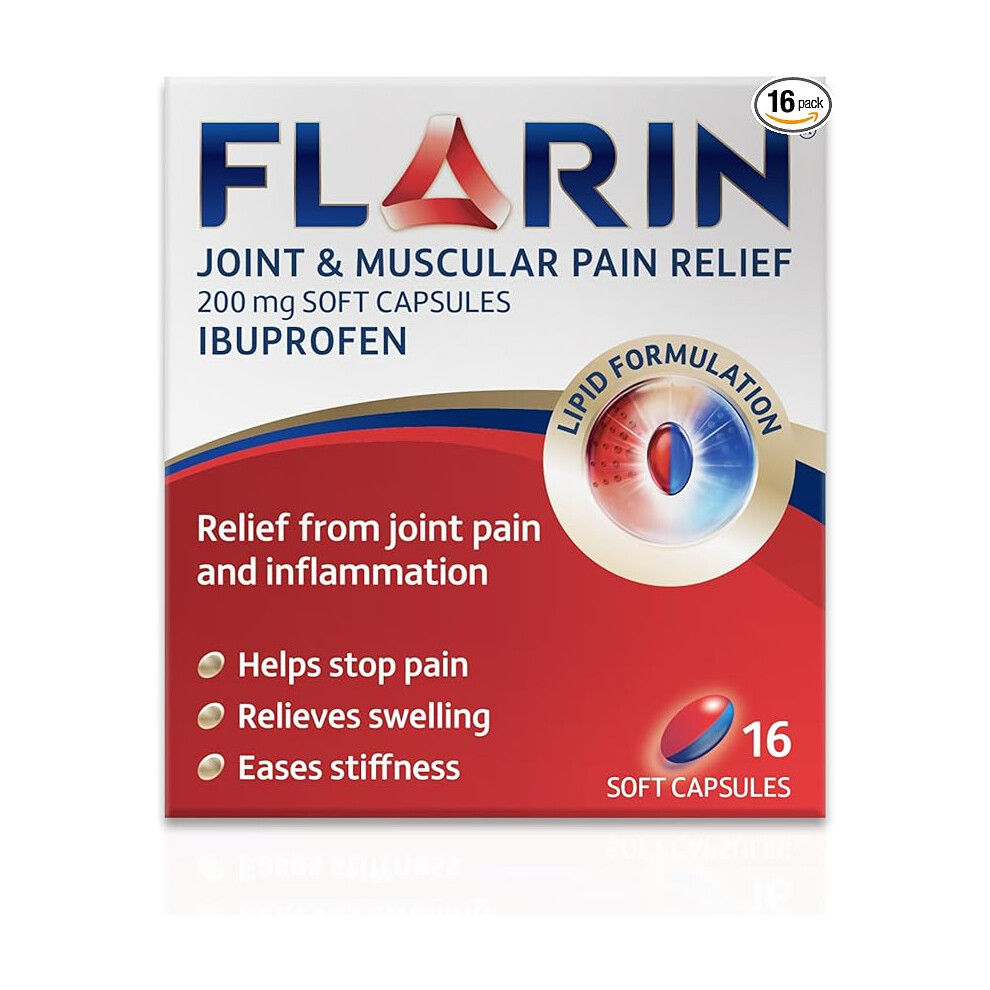 Flarin 200 mg Joint & Muscular Pain Relief Soft Capsules - Ibuprofen for Joint, Back & Muscle Pain (16 capsules)