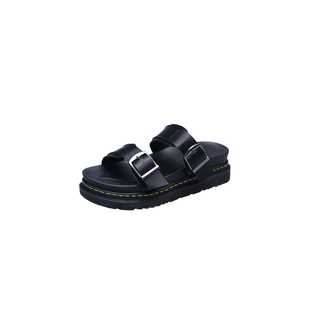 (UK 5/EU 38, Black) Belt Buckle Platform Sandals Womens Flat Shoes