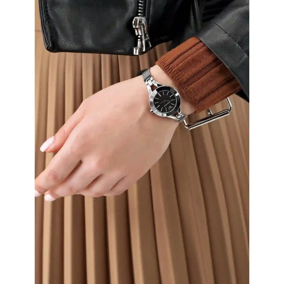EMPORIO ARMANI WOMENS WATCH AR7328 SILVER STRAP BLACK DIAL SILVER CASE