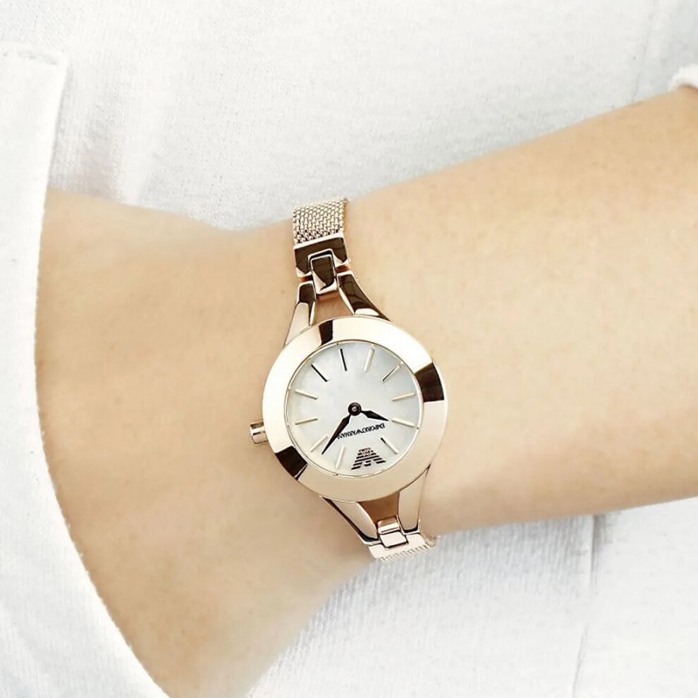 EMPORIO ARMANI WOMEN'S WATCH AR7329 ROSE GOLD STRAP WHITE DIAL CASE