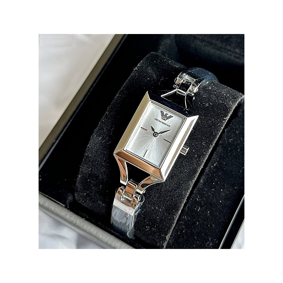 EMPORIO ARMANI WOMENS WATCH AR7372 BLACK STRAP SILVER DIAL SILVER CASE