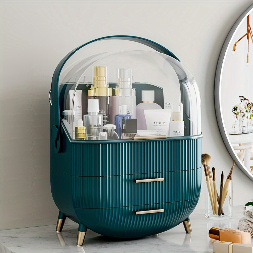 (Green) Desktop Makeup Cosmetic Bathroom Storage Organizer With 2 Drawers, Dustproof Storage Box