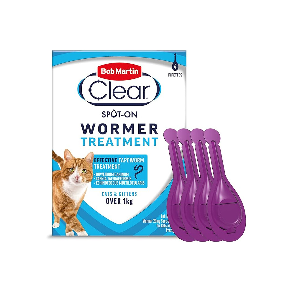 BOB MARTIN Clear Spot On Wormer for Cats and Kittens 100 Percent Effective Tapeworm Treatment (4 Pipettes)