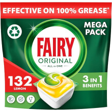 Fairy Original All In One 132 Dishwasher Tablets, Lemon, Effective Even On Dried-On Grease