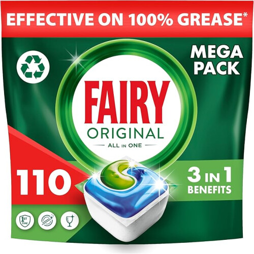 Fairy Fairy All-In-1 Dishwasher Tablets Bulk, 110 Tablets, Original, Effective Even On Dried-On Grease