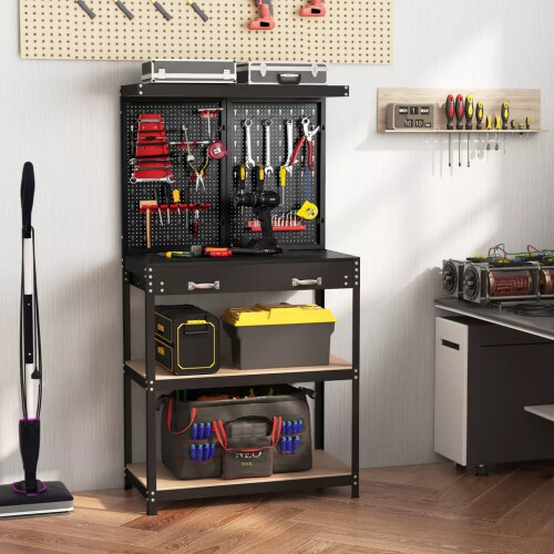Casart Tool Storage Workbench w/Pegboard Tool Work Table w/Shelves Drawer 2