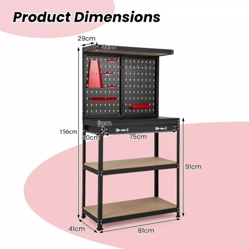 Casart Tool Storage Workbench w/Pegboard Tool Work Table w/Shelves Drawer 1