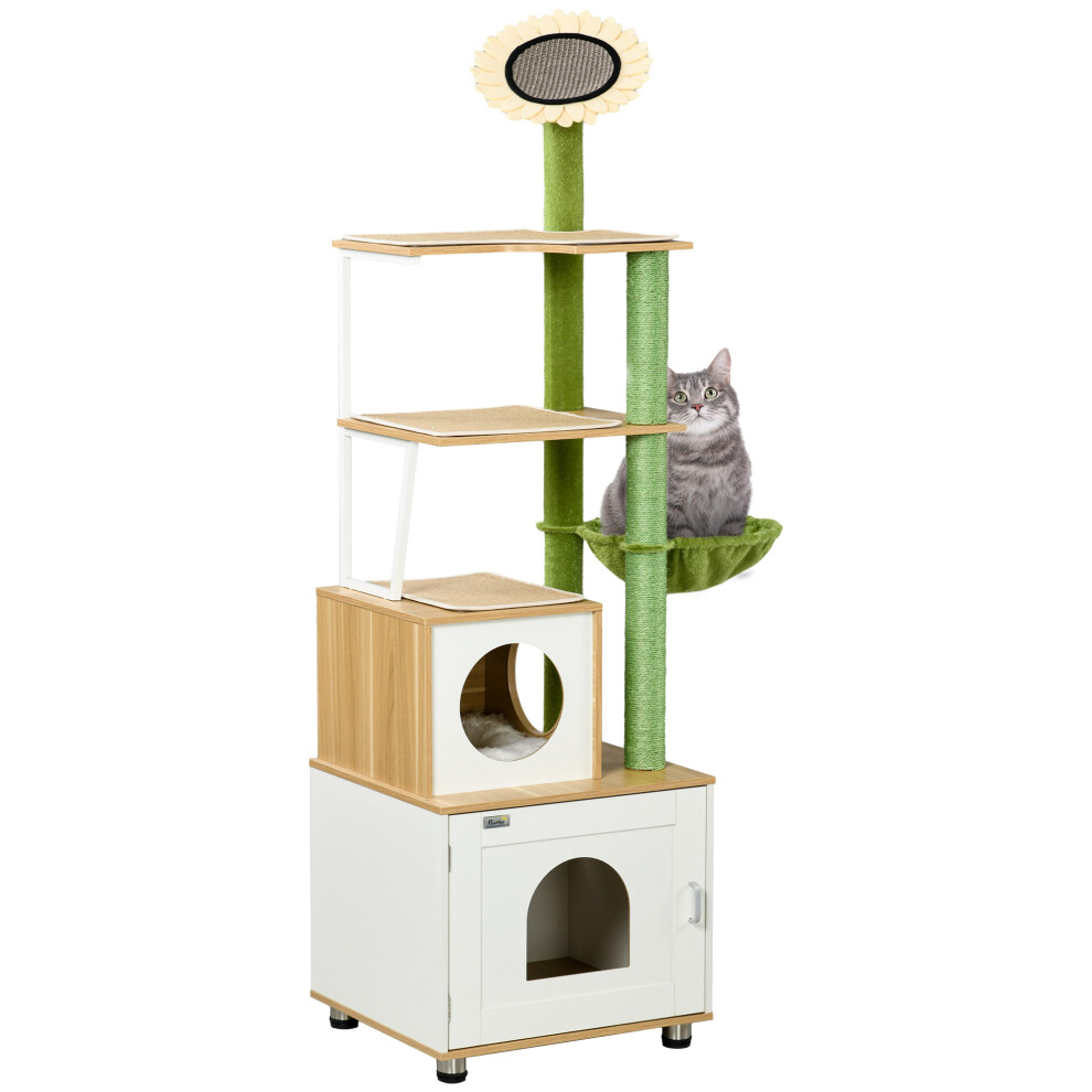 Cat Tree With Litter Box, Scratching Post, Cat House, Hammock - Oak Tone