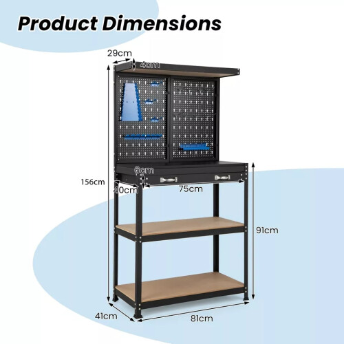 Casart Tool Storage Workbench w/Pegboard Tool Work Table w/Shelves Drawer 1