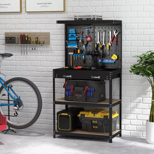Casart Tool Storage Workbench w/Pegboard Tool Work Table w/Shelves Drawer 2
