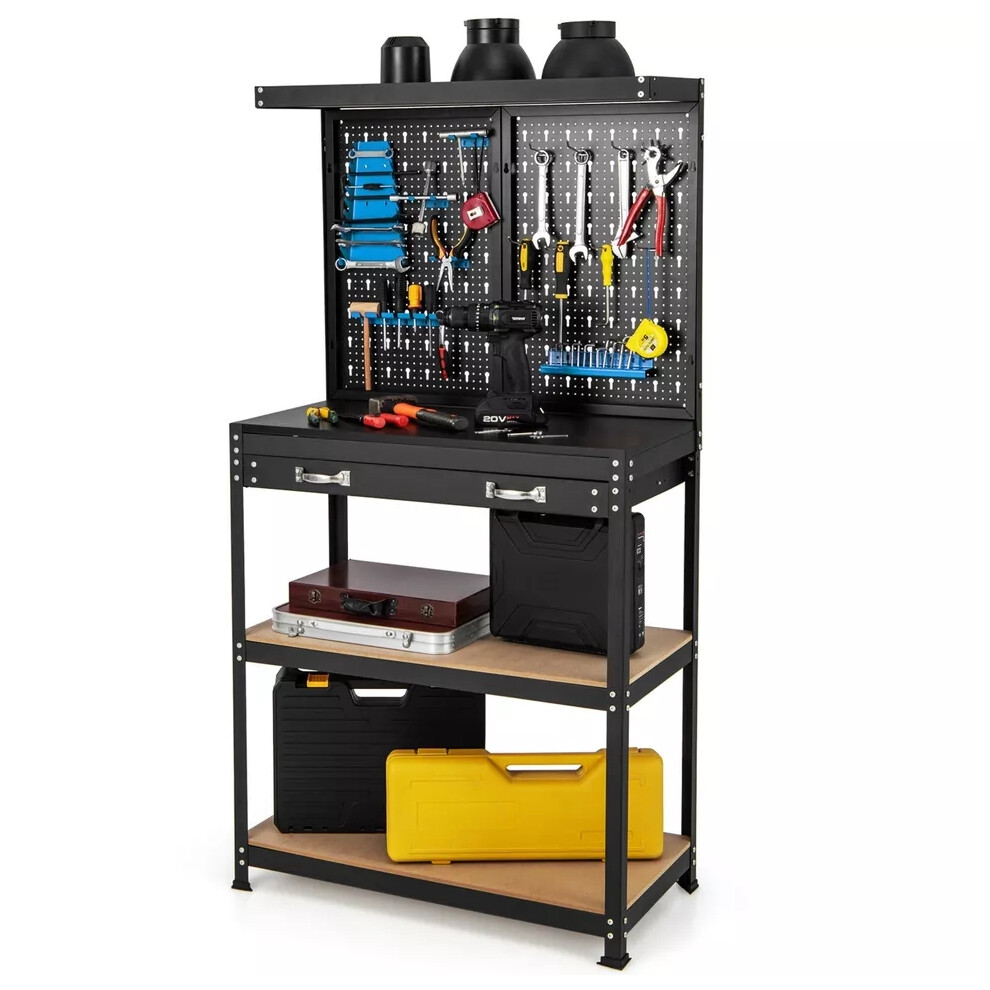 Tool Storage Workbench w/Pegboard Tool Work Table w/Shelves Drawer
