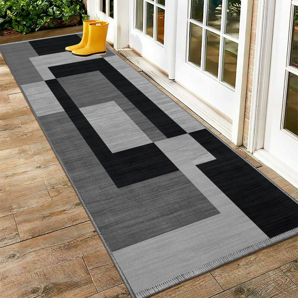 (60x220 cm- Runner Rug/Carpet, MILO BLACK GREY) Non Slip Area Rug Printed Geometric Rug Carpet Mat