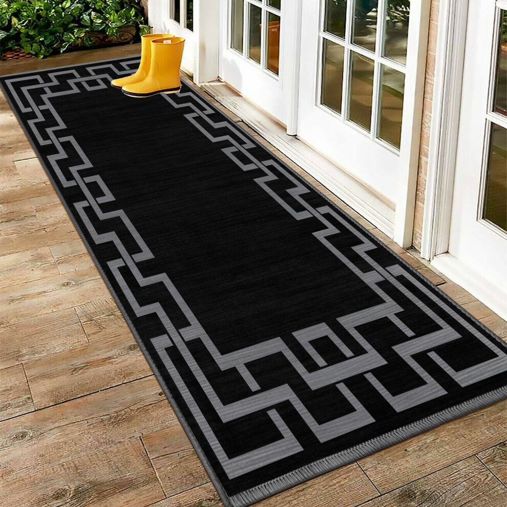 (60x220 cm- Runner Rug/Carpet, NICO BLACK) Non-Slip Area Rugs Printed Geometric Carpets Mats