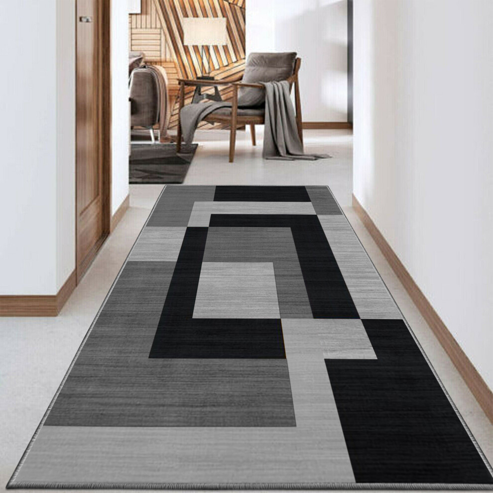 (80x300 cm- Large Runner Rug/Carpet, MILO BLACK GREY) Non-Slip Area Rugs Printed Geometric Carpets Mats