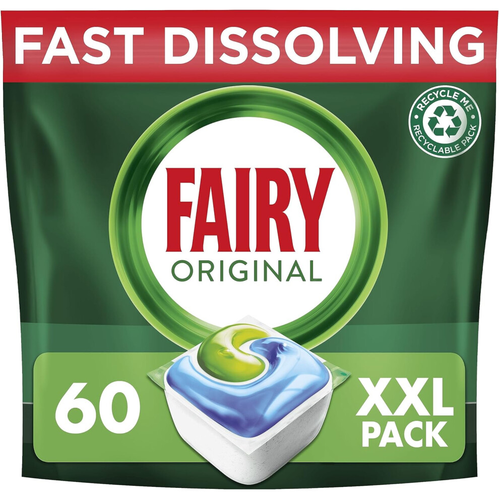 Fairy All-In-1 Dishwasher Tablets, 60 Capsules, Original, Effective Even On Dried-On Grease