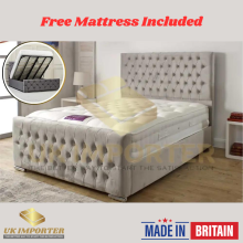(4ft6" Double(with Gaslift), Any Other Color-Message us) Double Bed Plush Chesterfield Bed Frame with Mattress Included, Gas Lift Storage UK