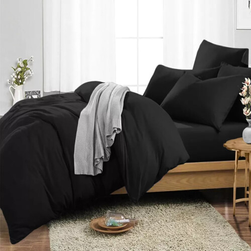 (Black, Single 3PC Set) Duvet Cover Set with Pillowcases & Fitted Sheet