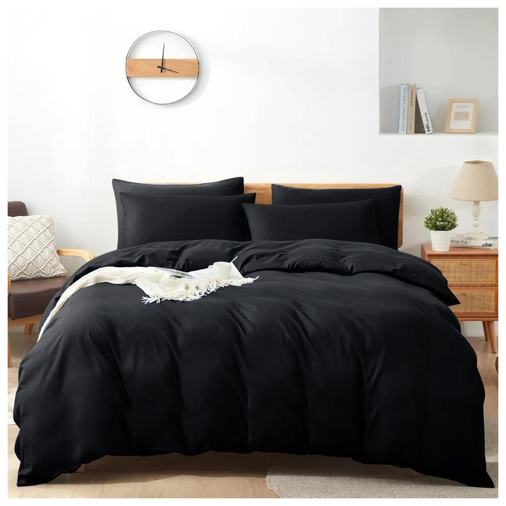 (Black, King 4PC Set) Duvet Cover Set with Pillowcases & Fitted Sheet