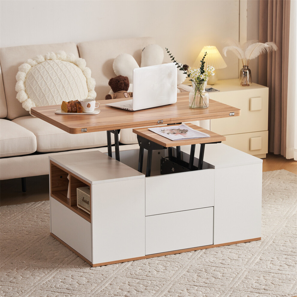 (White) Coffee Table With Storage, With 3 Drawers Lift-Top