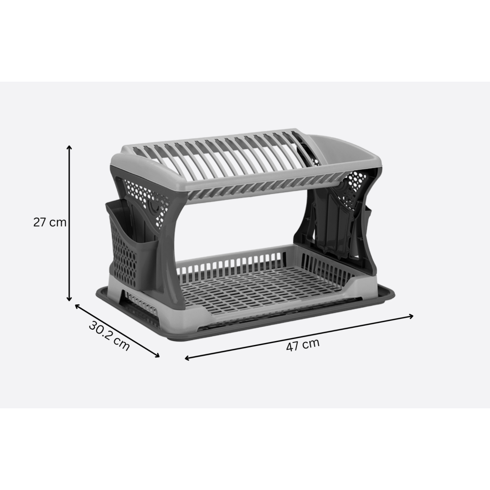 (Gray) 2 Tier Dish Drainer Rack Drip Tray Cutlery Holder