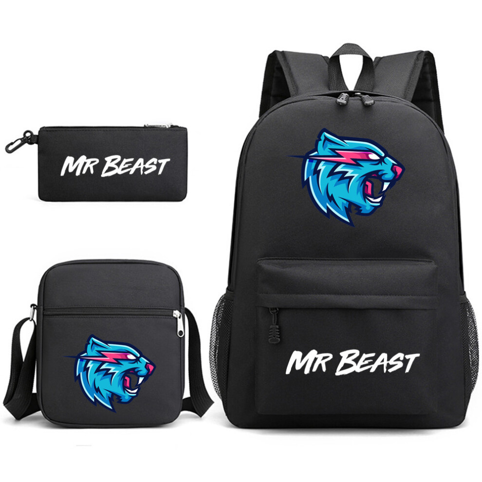 ( 1) Mr Beast Lightning Cat 3-Piece Backpack Set Student Laptop Canvas Bag Black