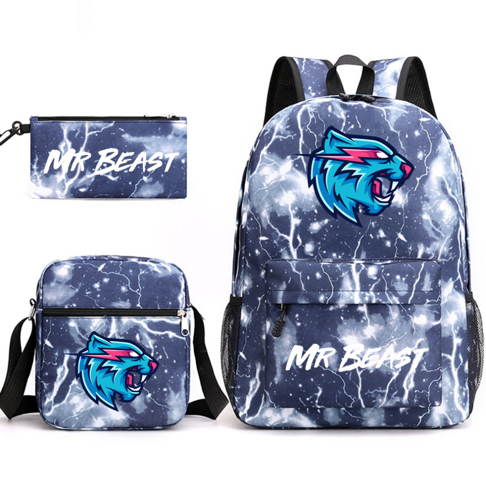 (Lightning 1) Mr Beast Lightning Cat 3-Piece Backpack Set Student Laptop Canvas Bag Blue
