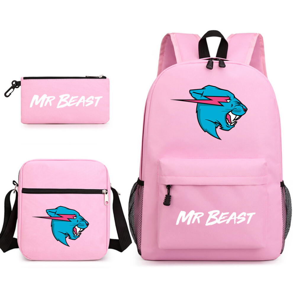 ( 2) Mr Beast Lightning Cat 3-Piece Backpack Set Student Laptop Canvas Bag Pink
