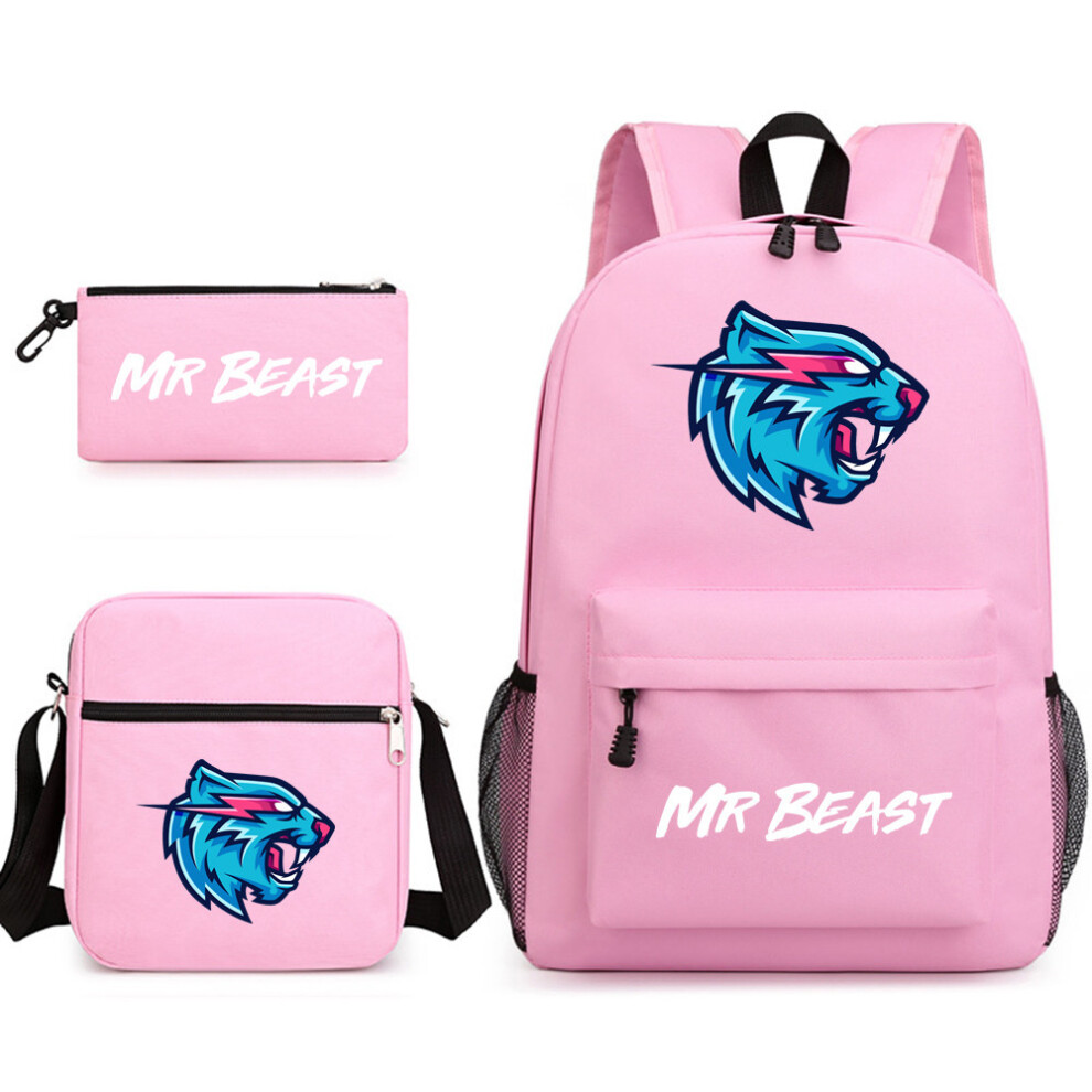 ( 1) Mr Beast Lightning Cat 3-Piece Backpack Set Student Laptop Canvas Bag Pink