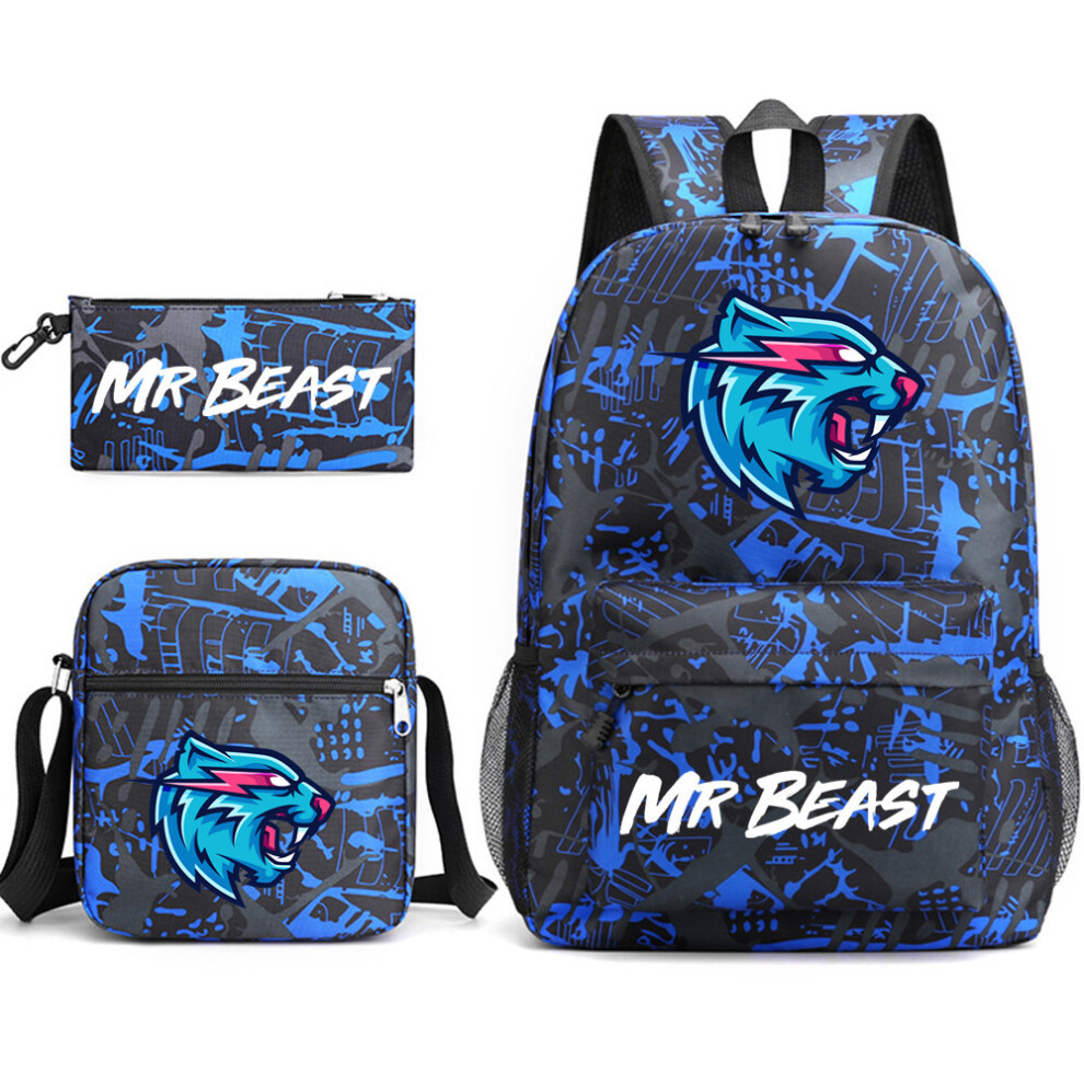 (Blue 1) Mr Beast Lightning Cat 3-Piece Backpack Set Student Laptop Canvas Bag