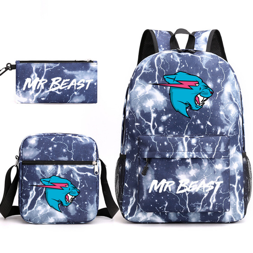 (Lightning 2) Mr Beast Lightning Cat 3-Piece Backpack Set Student Laptop Canvas Bag Blue
