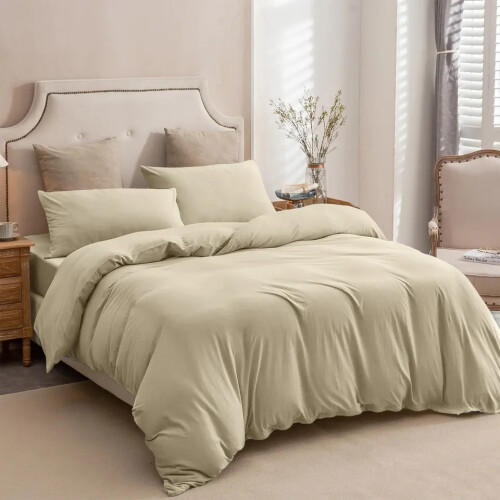 (Beige, Single 3PC Set) Duvet Cover Set with Pillowcases & Fitted Sheet
