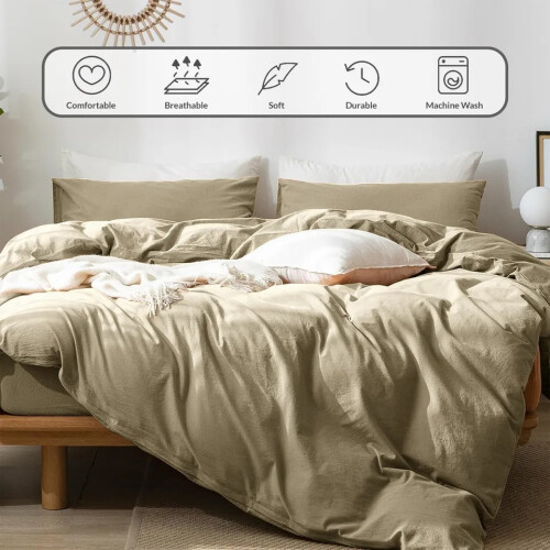 (Beige, Single 3PC Set) Duvet Cover Set with Pillowcases & Fitted Sheet 2