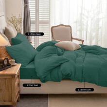 (Emerald Green, Double 4PC Set) Duvet Cover Set with Pillowcases & Fitted Sheet