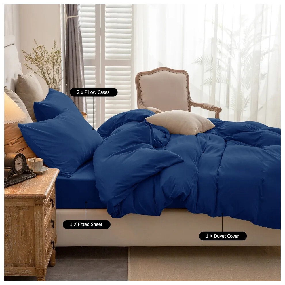 (Navy Blue, Double 4PC Set) Duvet Cover Set with Pillowcases & Fitted Sheet