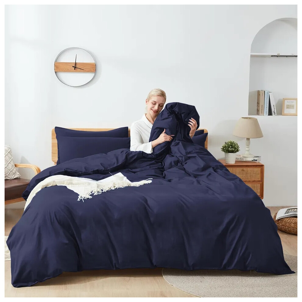 (Navy Blue, Super King 4PC Set) Duvet Cover Set with Pillowcases & Fitted Sheet