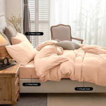 (Peach, Double 4PC Set) Duvet Cover Set with Pillowcases & Fitted Sheet