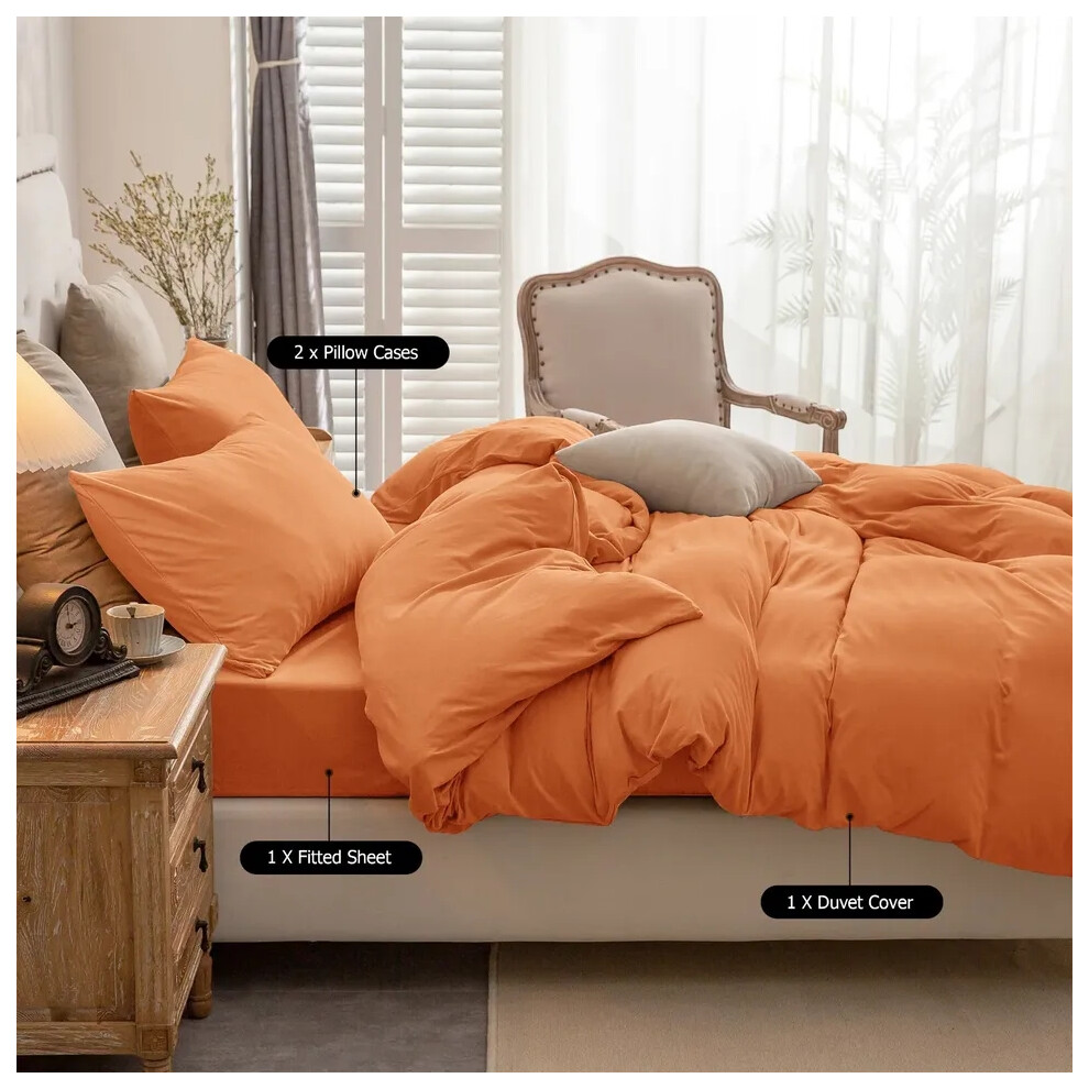 (Rust, Double 4PC Set) Duvet Cover Set with Pillowcases & Fitted Sheet