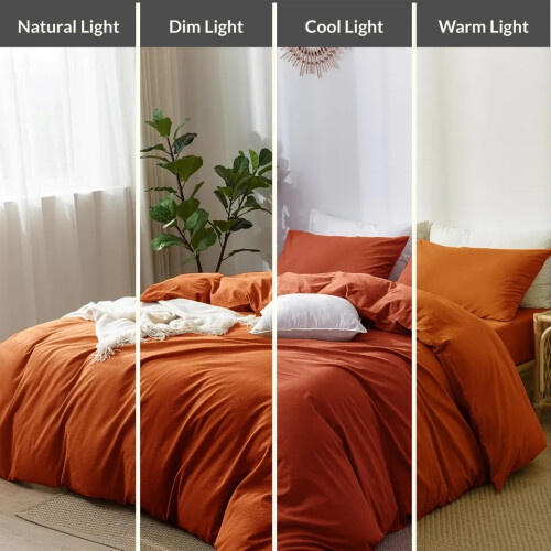 (Rust, Double 4PC Set) Duvet Cover Set with Pillowcases & Fitted Sheet 2