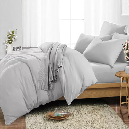 (Silver, King 4PC Set) Duvet Cover Set with Pillowcases & Fitted Sheet