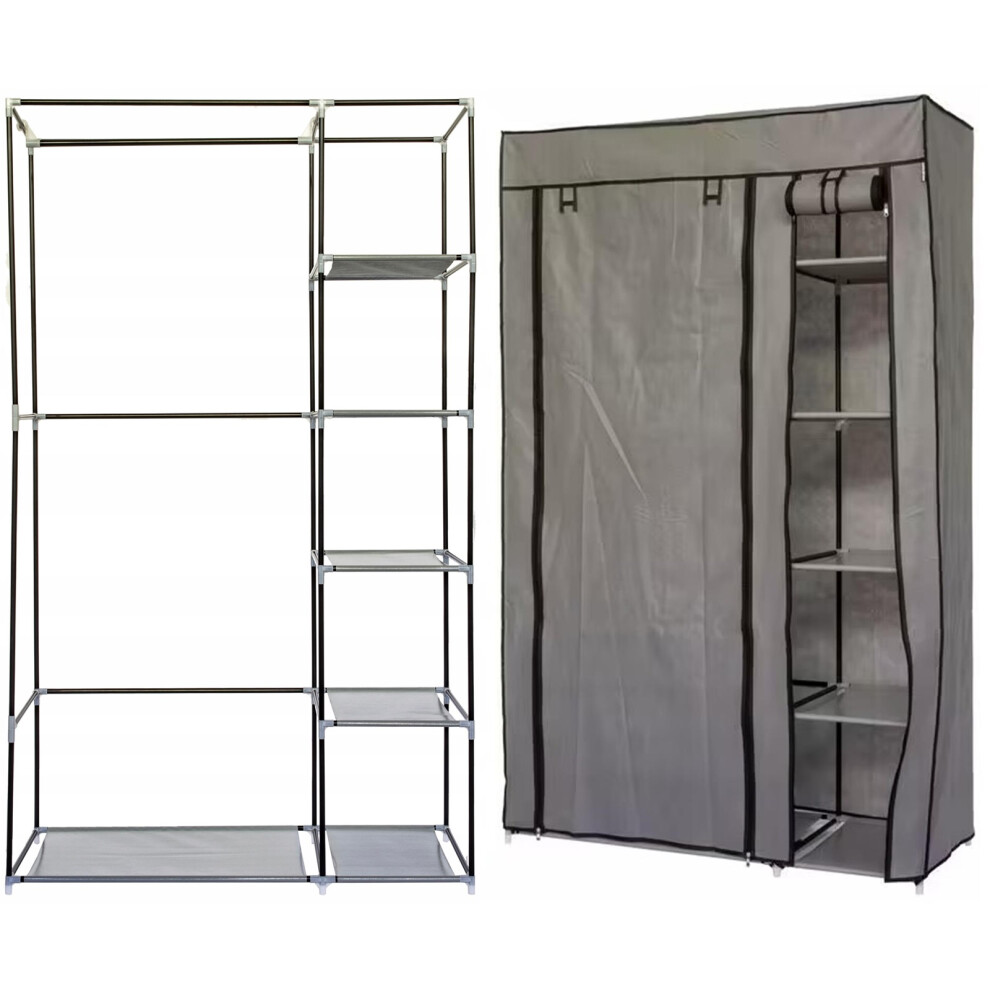 Single Grey Fabric Canvas Wardrobe With Shelving Clothes Storage