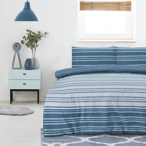 (Single, Teal) Printed Reversible Polycotton Textured Stripe Duvet Cover Set