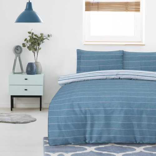 (Single, Teal) Printed Reversible Polycotton Textured Stripe Duvet Cover Set 2