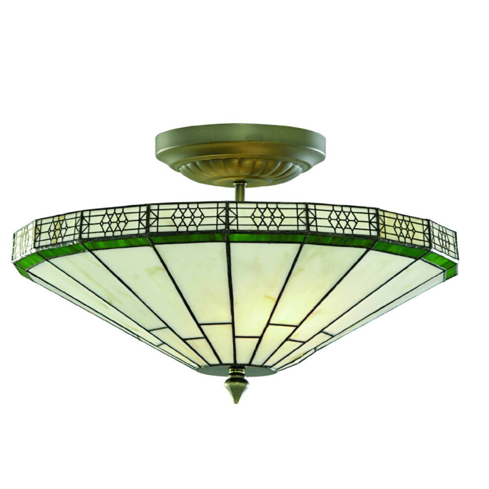 Searchlight New York - 2 Light Semi Flush Ceiling Light Antique Brass, Tiffany Glass, E14