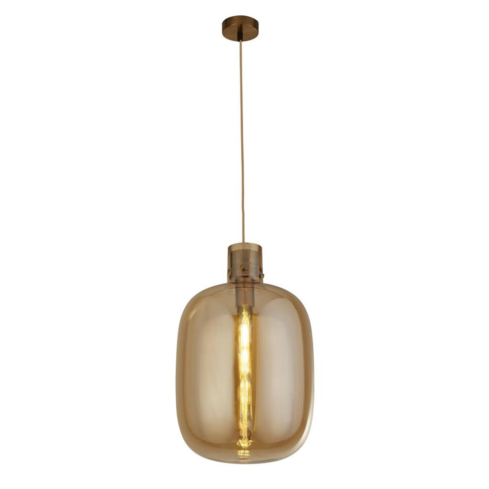 Searchlight Barrel 1 Light Pendant, Brass, Amber Glass